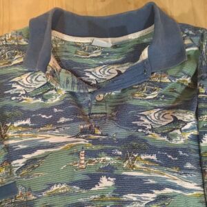 Vintage OP Sport Marlin Seascape Pattern Polo